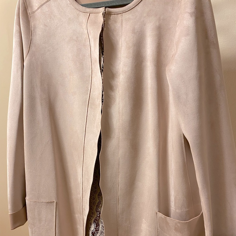 T Tahari chic faux leather open front blazer with scalloped edges and lace trim